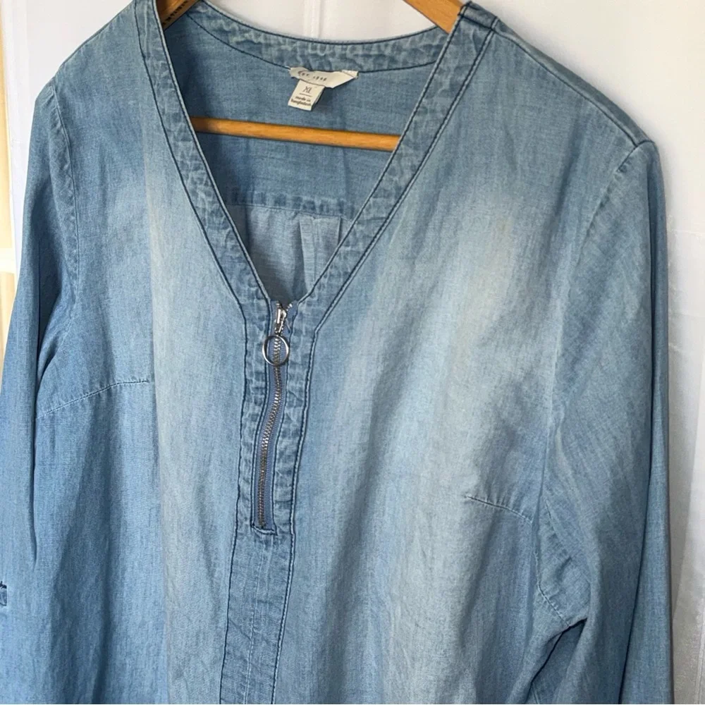 Est 1946 chambray popover zip V-neck roll tab sleeves (flawed) XL - Picture 5 of 12